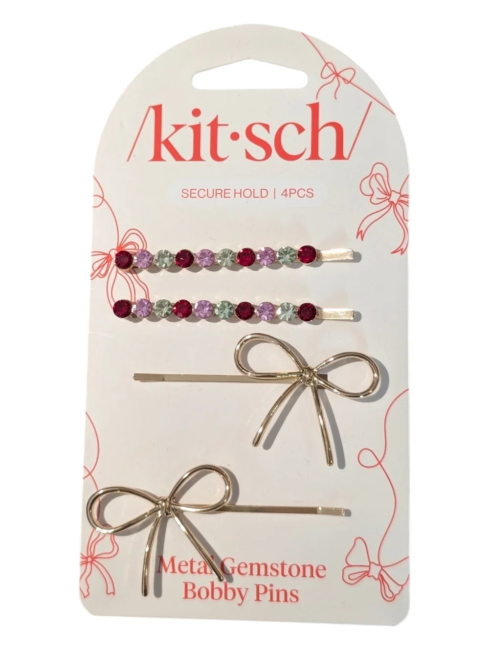 Kitsch Metal Gemstone Bow Bobby Pins Set of 4